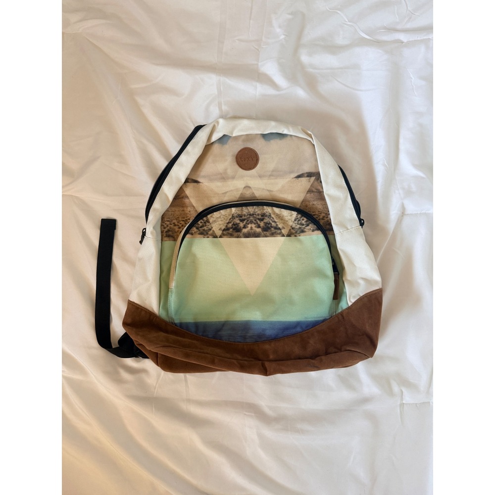 Roxy‎ Fairness 2014 Canvas Backpack Desert Geometric Print Brown Faux Suede